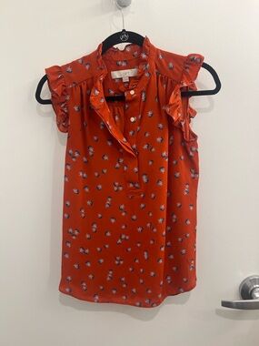 LOFT Women's Orange Floral Ruffle Sleeve Blouse
